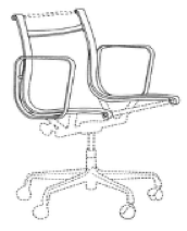 A black-and-white trade dress featuring a line drawing of an Eames Aluminum Group Chair.