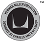 A black-and-gray logo bearing the words 'Herman Miller Collection, Designed by Charles and Ray Eames.'