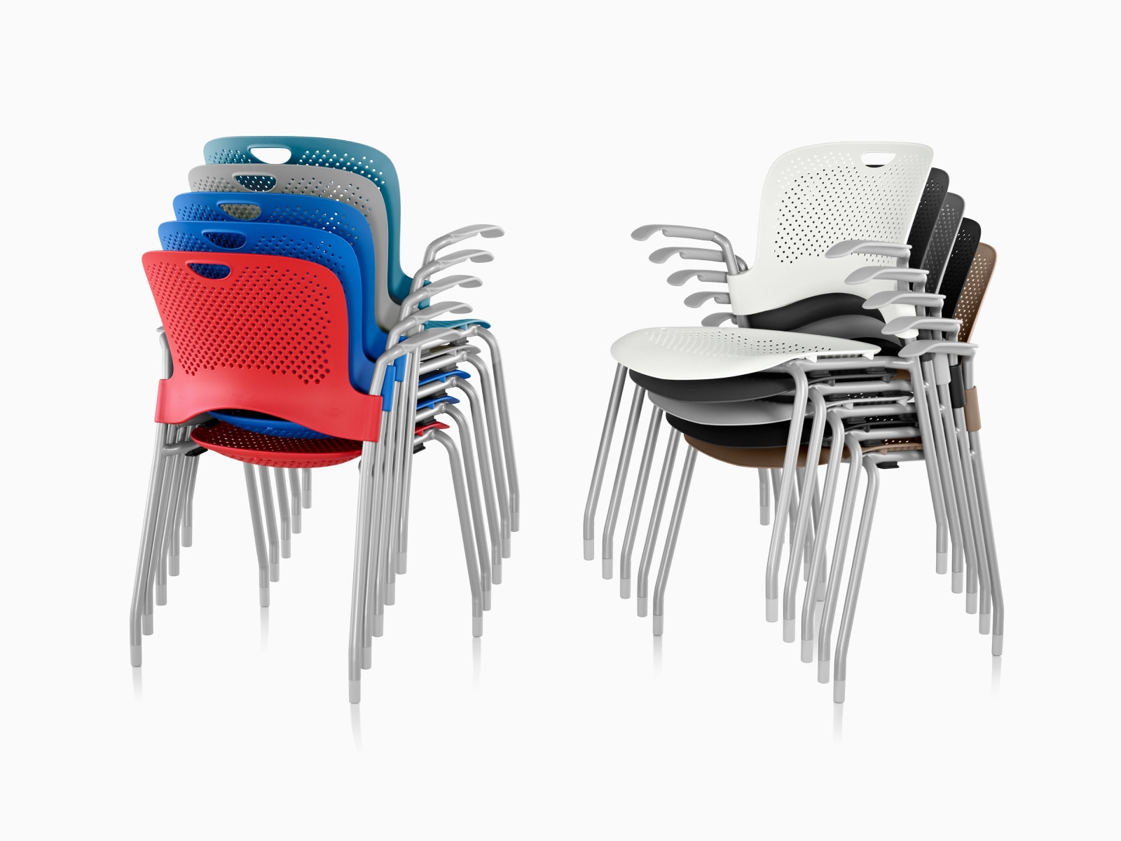 Two sets of Caper Stacking Chairs in various colors, both stacked five-high.