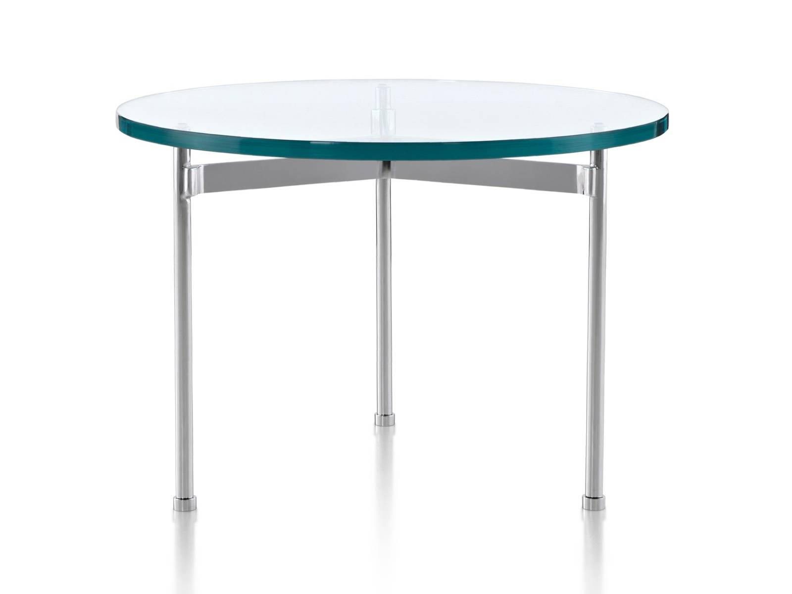 Una mesa de cristal Claw Table con una superficie redonda y tres patas de metal.