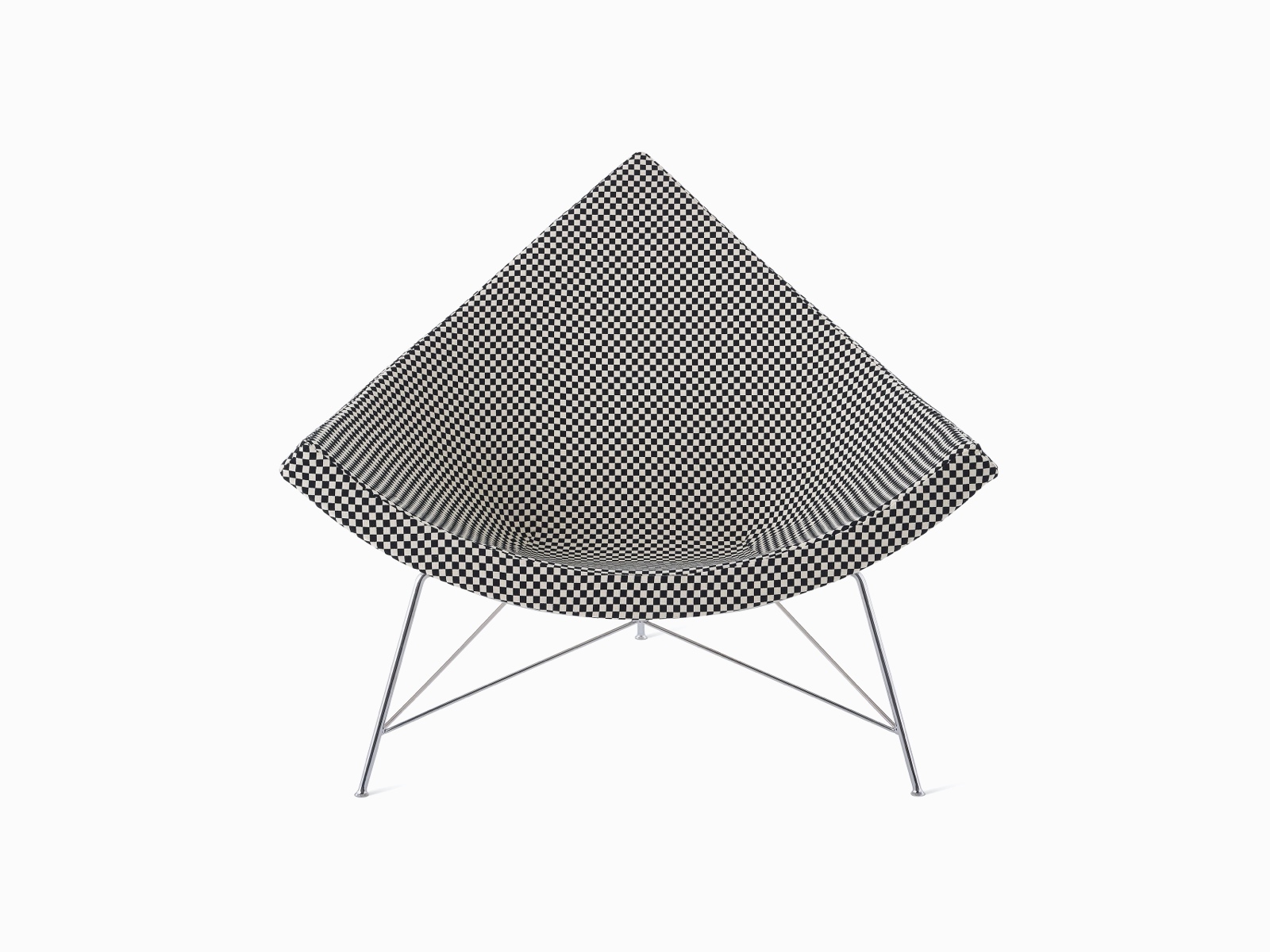 A Nelson Coconut Lounge Chair in a black and white Maharam checkerboard fabric viewed from straight on.