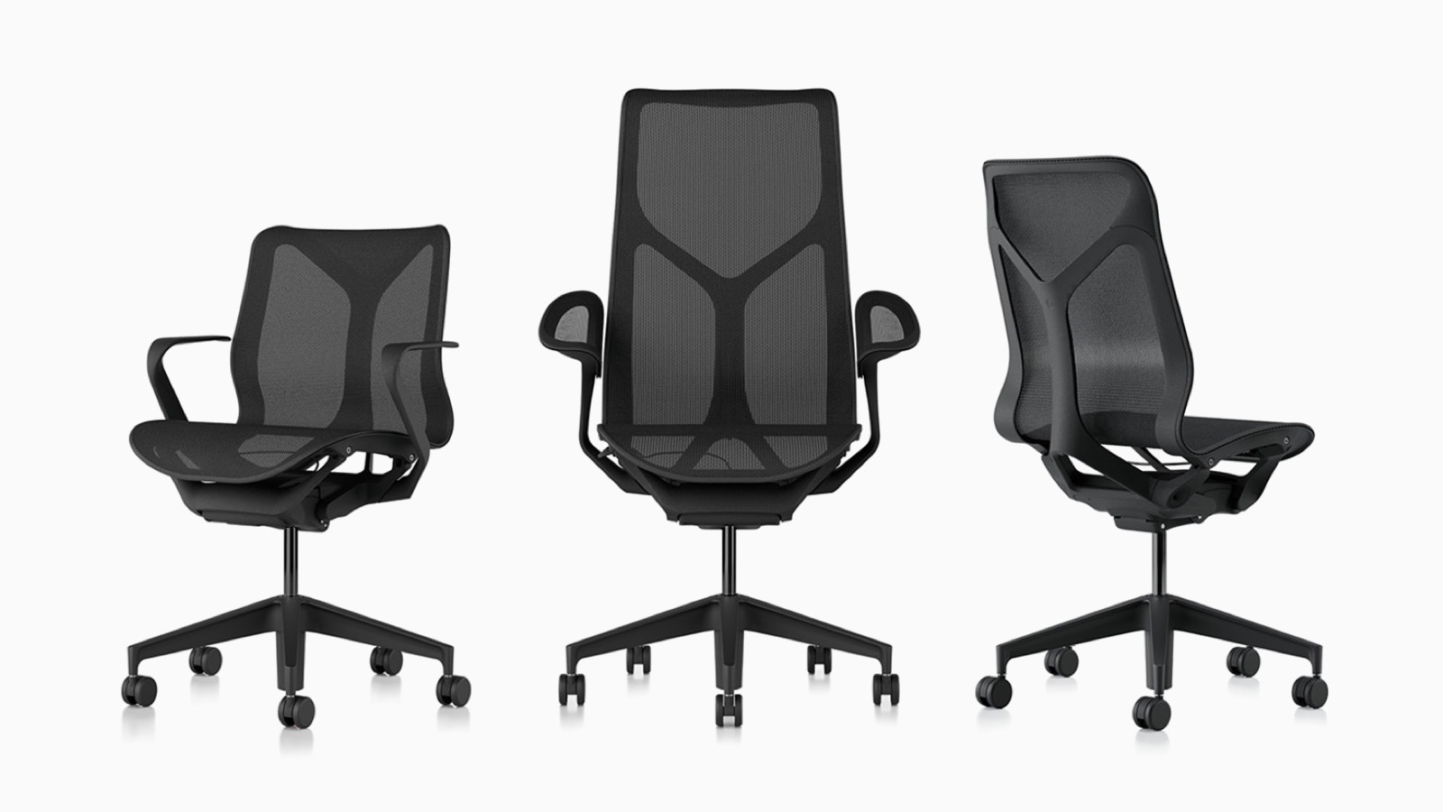 Low-back, high-back, and mid-back Cosm ergonomic desk chairs with suspension materials, bases, and frames in Graphite dark gray.